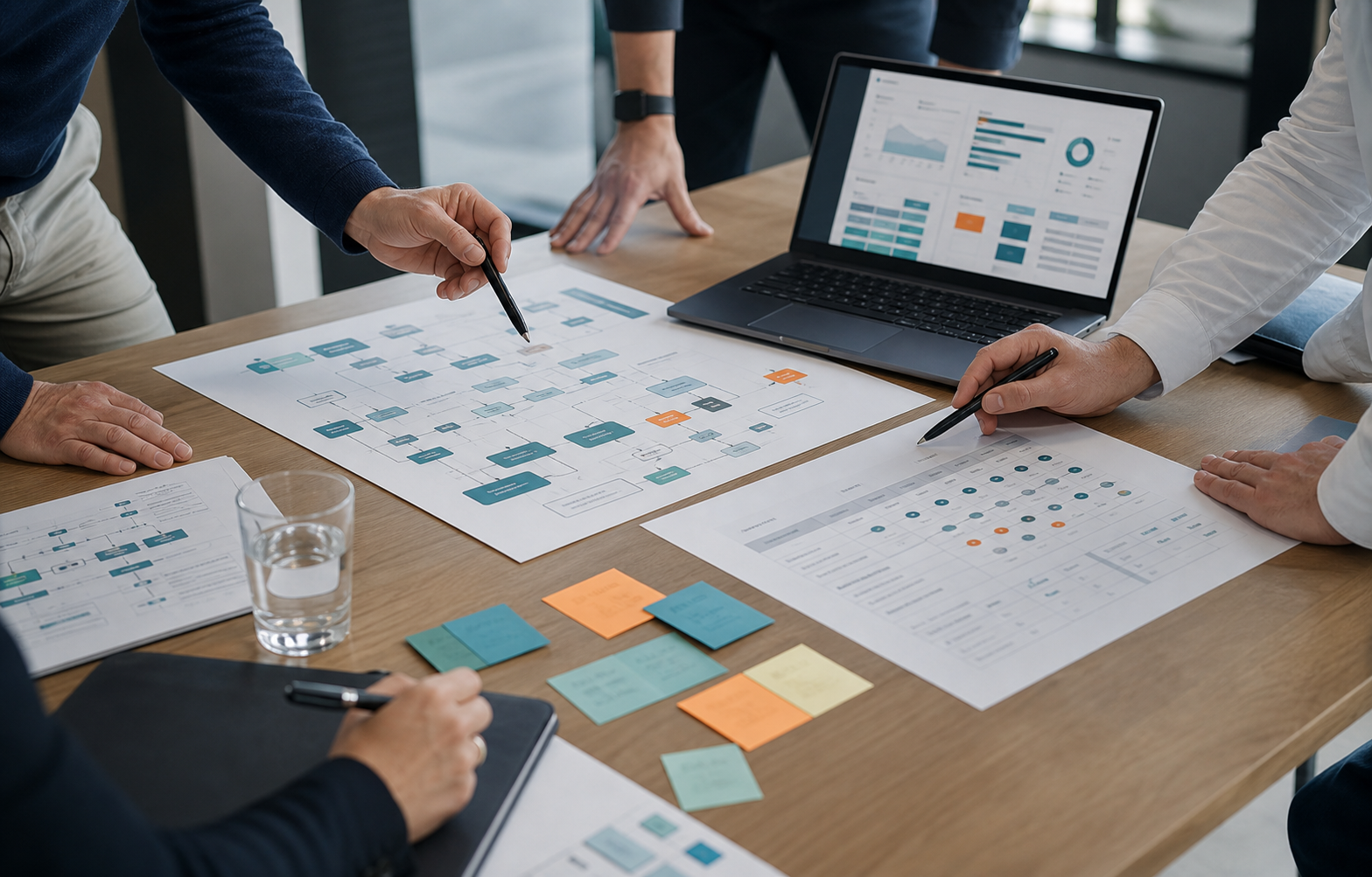 Workshop-Szene mit Prozesskarte, Bewertungsmatrix und Dashboard als KI-generiertes Symbolbild